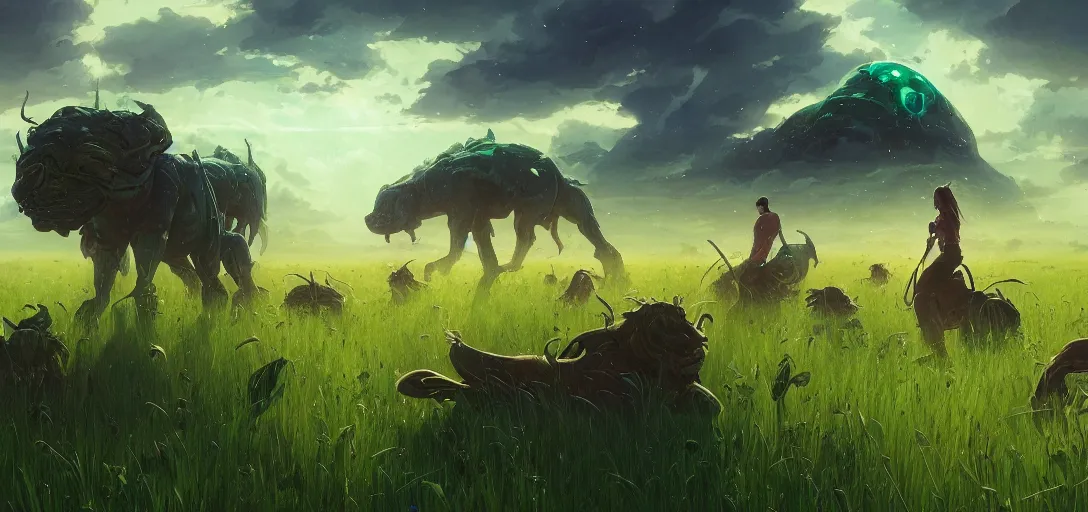 Prompt: tribal aliens riding massive green dogs in a lush sea of grass, fantasy art by greg rutkowski, loish, rhads, ferdinand knab, makoto shinkai and lois van baarle, ilya kuvshinov, rossdraws, tom bagshaw, global illumination, radiant light, detailed and intricate environment