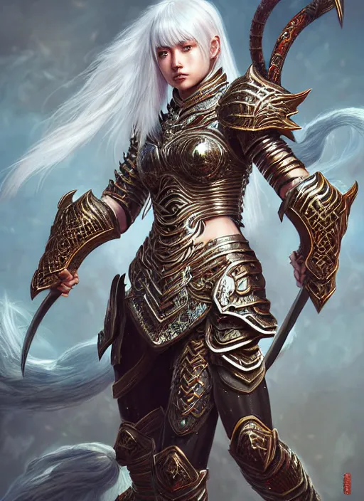 Image similar to warrior, intricate ornate opal heavy armor!!! beautiful and athletic white hair female!! monster hunter!! character concept art, sharp focus, octane render! unreal engine 5! highly rendered!! trending on artstation!! detailed linework!! illustration by artgerm, wlop, and chie yoshii