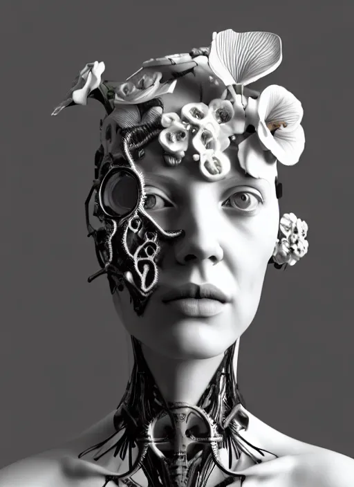 Prompt: monochrome 3 d model, biomechanical beautiful young female cyborg with porcelain profile face and a big floral eye, volumetric light, big leaves foliage and stems, hibiscus flowers, boho floral vines, sinuous fine roots, fine foliage lace, alexander mcqueen, rim light, gothic fashion pearl embroidered collar, steampunk, octane render, 8 k