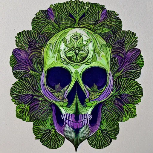 Prompt: skull inspired by René Laloux,ivy vines,leaves