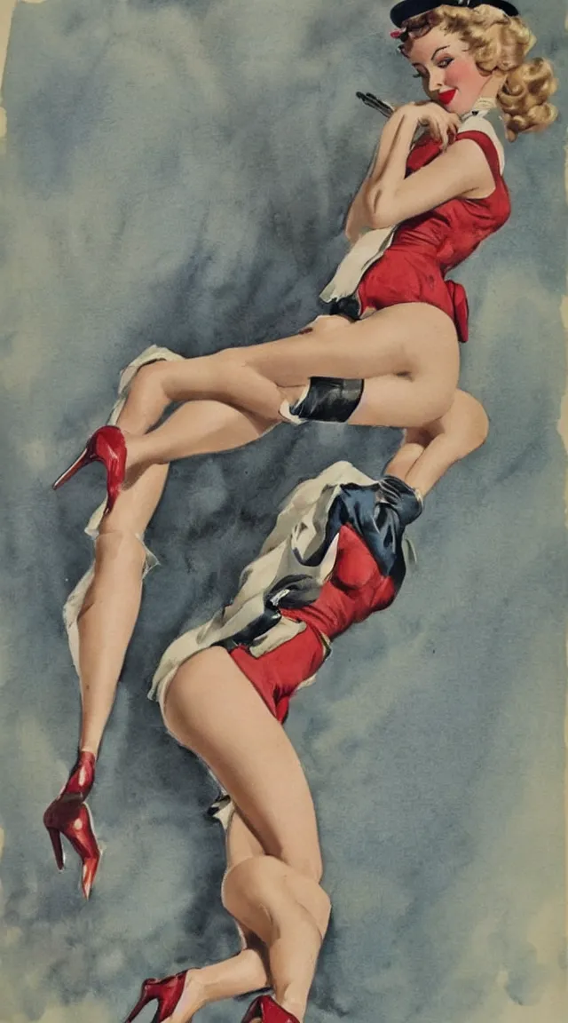 Prompt: a portrait full body pin up post war dressing a military unioform,water color, Gil Elvgren style