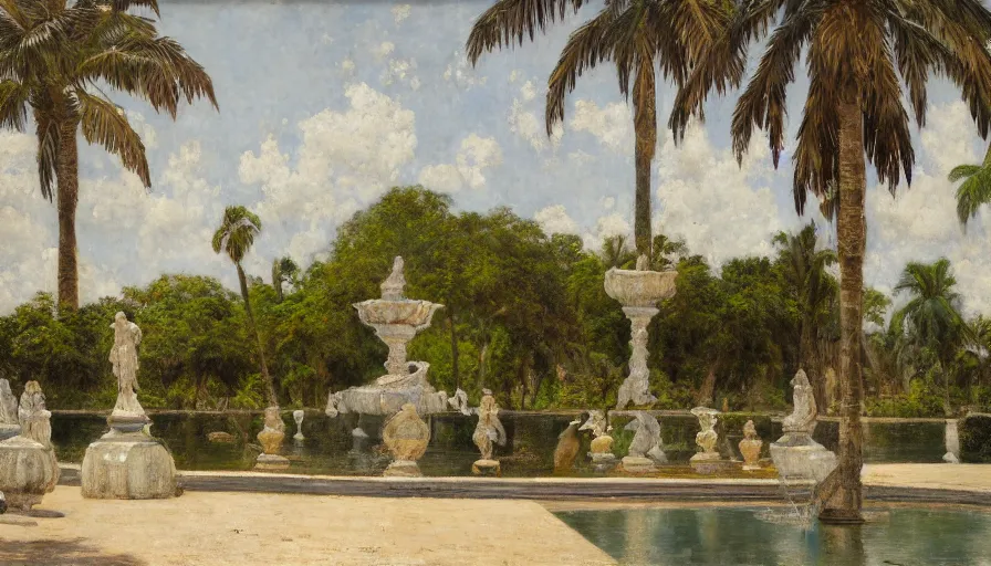 Image similar to a ultradetailed beautiful painting of an old fountain in the amazonas palace balustrade designed by jules bastien - lepage, tarsila do amaral, frank weston and gustave baumann, beach, trending on artstation, mediterranean, palm trees, sharp focus, soft light, 8 k 4 k