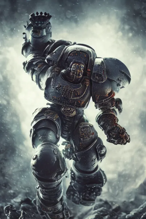 Image similar to a photo of a space marine, warhammer 4 0 k setting, dynamic pose, close - up, intricate details, intricately detailed clothing, intricate textures, warm lighting, vivid colors, smoke and mist, realistic octane render, hyper realistic render, volumetric shading, depth of field, raytracing, 8 k,