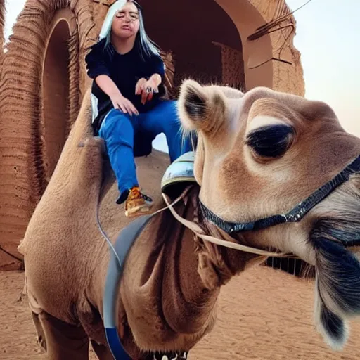 Image similar to close up shot of billie eilish riding a camel