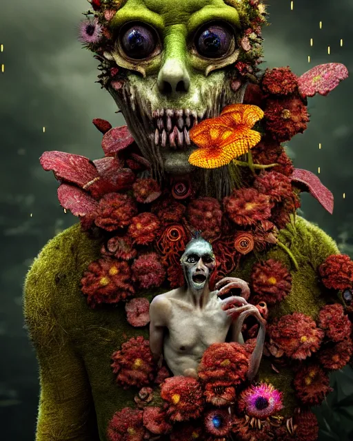 Image similar to a disturbing horror photograph of a fantasy creature made out of nature and flowers and fungus, intricate, hyperrealism, sharp focus, cinematography, highly detailed, octane render, digital horror cgi 4 k, matte, photograph by professional photographer