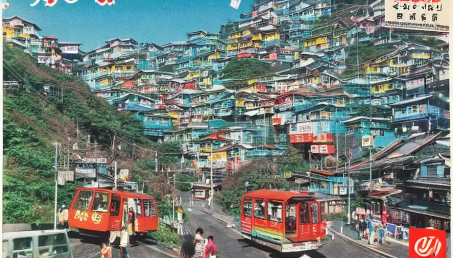 Image similar to A 1980s Japanese advertisement for a futuristic dream mountain town eco city themed like Jiufen, cable cars, flying cars, escalators, colorful