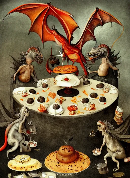 Prompt: dragon eating cakes by hieronymus bosch, detailed digital art, trending on Artstation