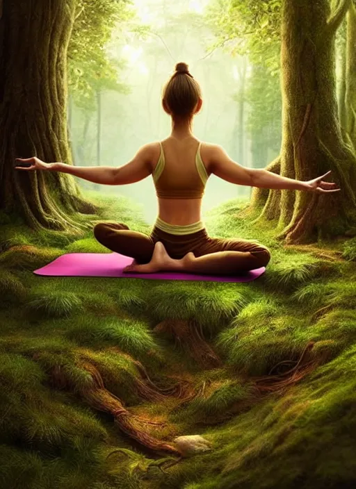 Prompt: young woman sitting in yoga pose : : forest nature : : weta disney pixar movie still photo : : decadent highly - detailed digital painting, full length shot, golden ratio, octane render, artstation, smooth, sharp focus, artgerm, mucha, loish, wlop, gogo