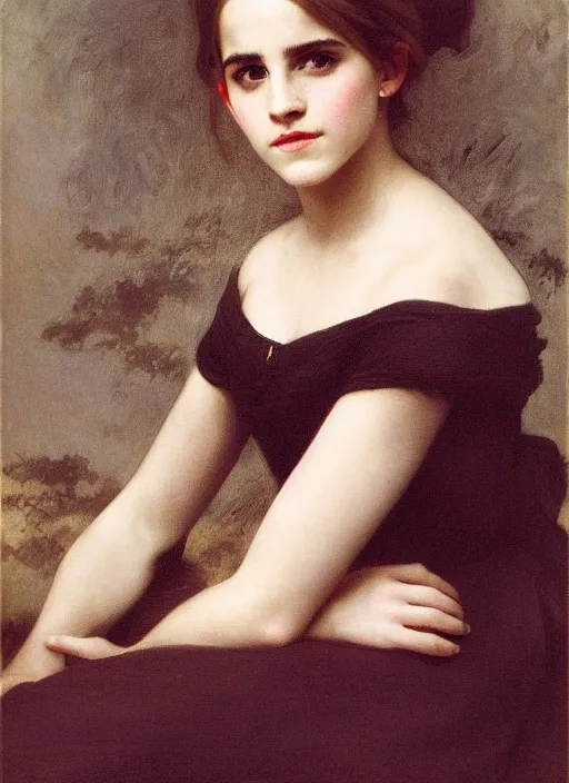 Image similar to photo photorealistic portrait photograph Portrait of Emma Watson, by William Adolphe Bouguereau, John Singer Sargent, Vermeer, serene