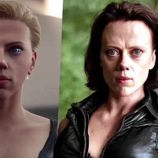Prompt: a woman who is a genetic combination of scarlett johansson and sigourney weaver, face and upper body focus