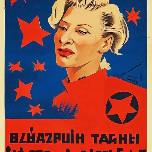 Image similar to soviet propaganda poster with cate blanchett calling on the world community to fight against Nazism, Ultra Detailed, high resolution, soviet realism