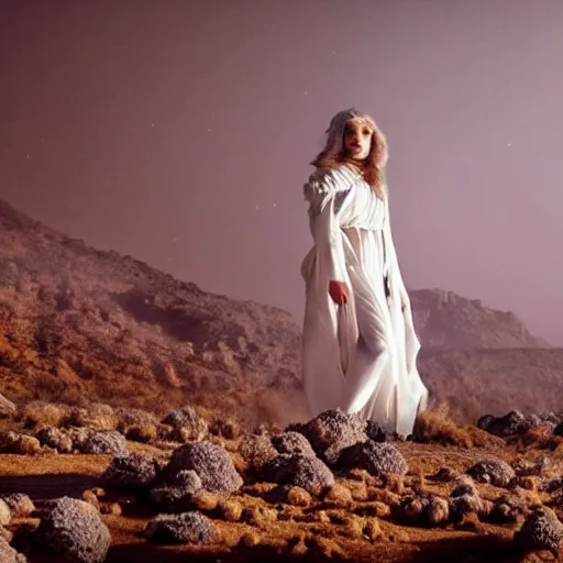 Image similar to The full body shot of beautiful pale woman with white flowers and full-face golden mask in a rocky desert landscape, a giant mirror and smoke around her, volumetric lighting, fire, multiple eyes and dry earth by Denis Villeneuve, Lubezki, Gaspar Noe and Christopher Doyle, anamorphic lens, anamorphic lens flares, kodakchrome, cinematic composition, practical effects, award winning photo, 8k