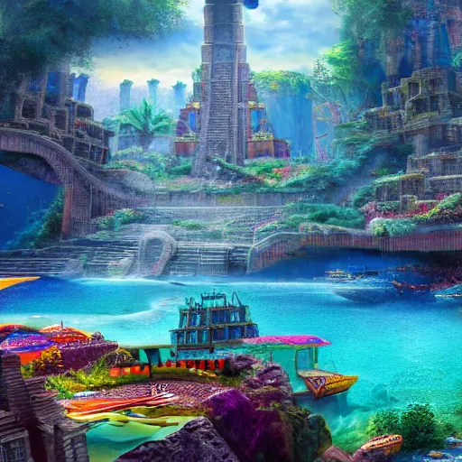 Prompt: lost city of atlantis, hyper realism, colorful, 8 k, realistic,