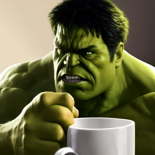 Image similar to A high definition photo of the incredible hulk drinking a cup of coffee on a couch in his living room, hyperdetailed, artstation, digital art, photorealism, accurate, 8k,