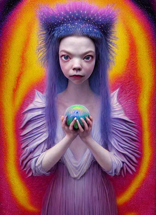 Prompt: hyper detailed 3d render like a Oil painting - kawaii portrait Aurora (a skeksis from dark crystal that looks like Anya Taylor-Joy) seen Eating of the Strangling network of yellowcake aerochrome and milky Fruit and His delicate Hands hold of gossamer polyp blossoms bring iridescent fungal flowers whose spores black the foolish stars by Jacek Yerka, Ilya Kuvshinov, Mariusz Lewandowski, Houdini algorithmic generative render, Abstract brush strokes, Masterpiece, Edward Hopper and James Gilleard, Zdzislaw Beksinski, Mark Ryden, Wolfgang Lettl, hints of Yayoi Kasuma, octane render, 8k