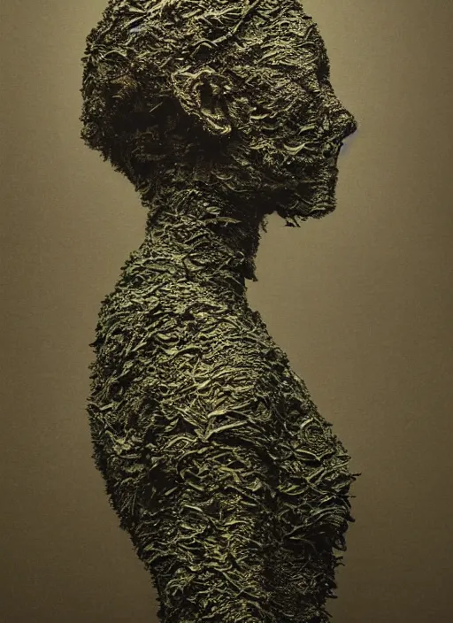 Image similar to a woman's face in profile, made of elaborate seaweed, in the style of the Dutch masters and Gregory Crewdson, dark and moody