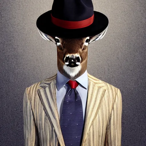 Prompt: a upper body portrait of a deer in a pinstriped suit and pants wearing a fedora with the antlers sticking out of the fedora by artgerm and wlop, human hands adjusting the tie, intricate detail, digital art, photorealistic, trending on artstation