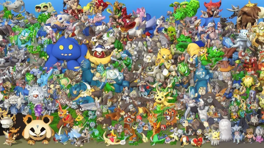 Image similar to many animals and monsters in a video game by Ken Sugimori illustration 3D render