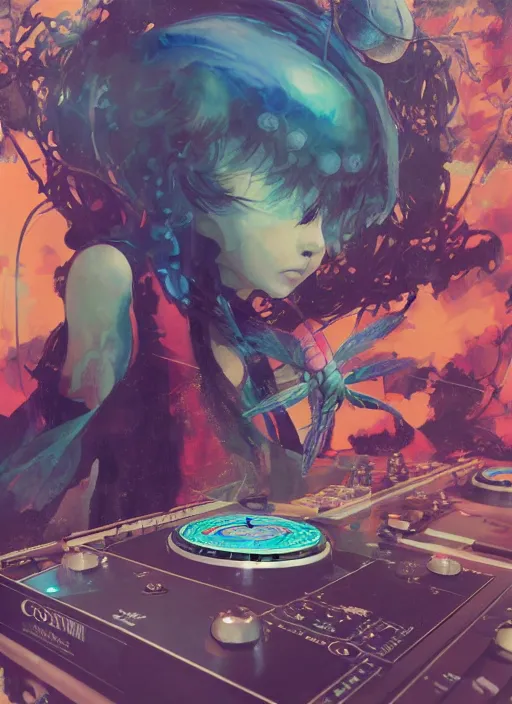 Image similar to surreal gouache painting, by yoshitaka amano, by ruan jia, by Conrad roset, by good smile company, detailed anime 3d render of a magical Dragonfly flying on a DJ Mixer, Vinyl deck, controller , portrait, cgsociety, artstation, rococo mechanical and Digtanl and electronic, dieselpunk atmosphere