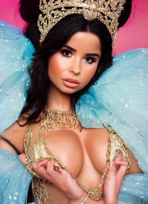 Prompt: portrait of demi rose as princess jasmine, by charlotte grimm, natural light, detailed face, beautiful features, symmetrical, canon eos c 3 0 0, ƒ 1. 8, 3 5 mm, 8 k, medium - format print, half body shot