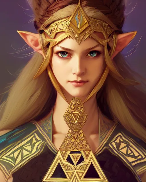 Image similar to zelda with triforce, fantasy, intricate, elegant, highly detailed, digital painting, artstation, concept art, wallpaper, smooth, sharp focus, illustration, art by artgerm and greg rutkowski and alphonse mucha and wlop