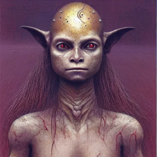 Prompt: portrait of ethereal young cute goblin warrior-princess in golden armour by Beksinski