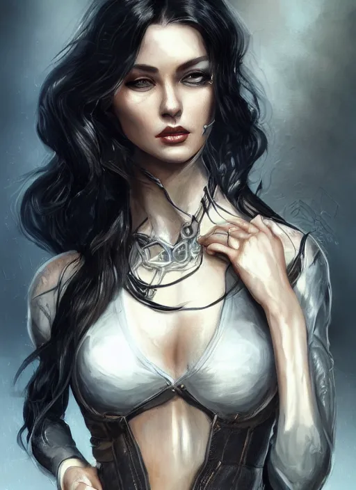 Prompt: a black haired woman in a leather jacket, muscular upper body, abs, d & d, fantasy, intricate, elegant, highly detailed, digital painting, artstation, concept art, smooth, sharp focus, illustration, art by anna dittmann