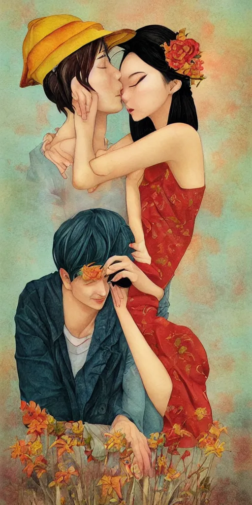 Prompt: greeting card, love, 2 people, by tran nguyen, warm colors, cozy