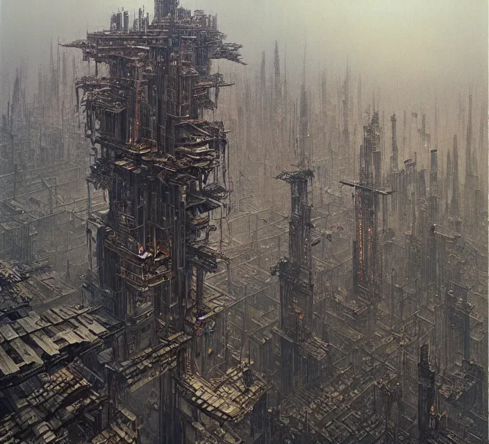 Image similar to gigantic mechanic megastructure tower in center, gothic, warhammer, cyberpunk, highly detailed, artstation, art by zdislav beksinski and wayne barlowe