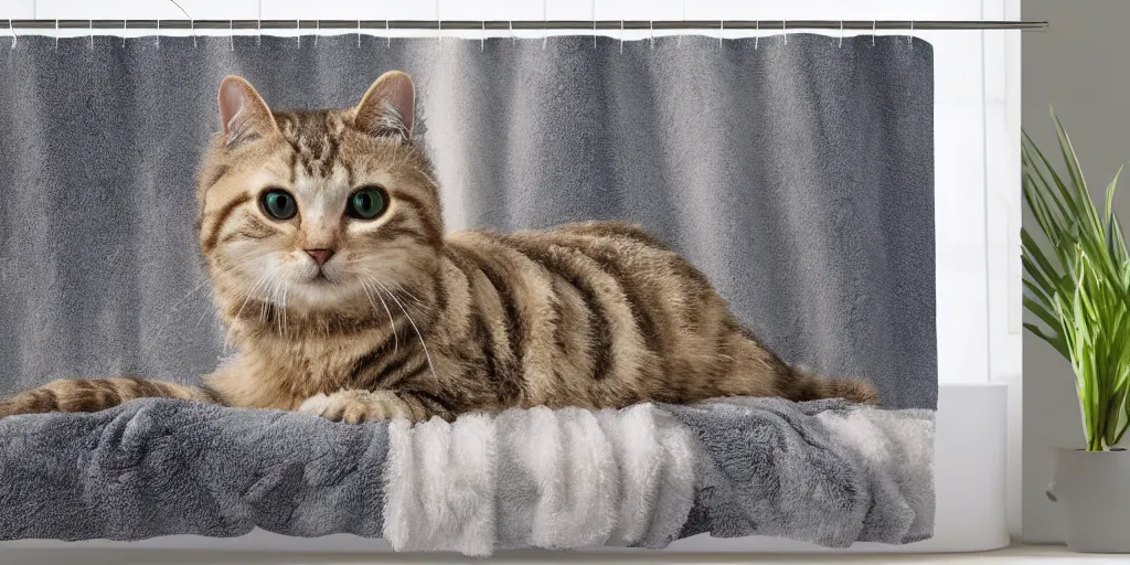 Prompt: shower curtain product catalog. wide - angle photo. on the curtain is an oil painting of a fluffy tabby cat with a towel wrapped around its head, product photography of a shower curtain, product lighting. 4 k, highly detailed. saturated.