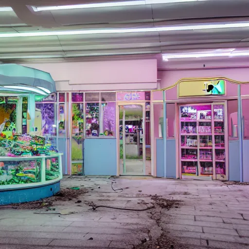 Image similar to futuristic, pastel colors, hd 8 k photography, abandoned, overgrown, candy shop in a mall