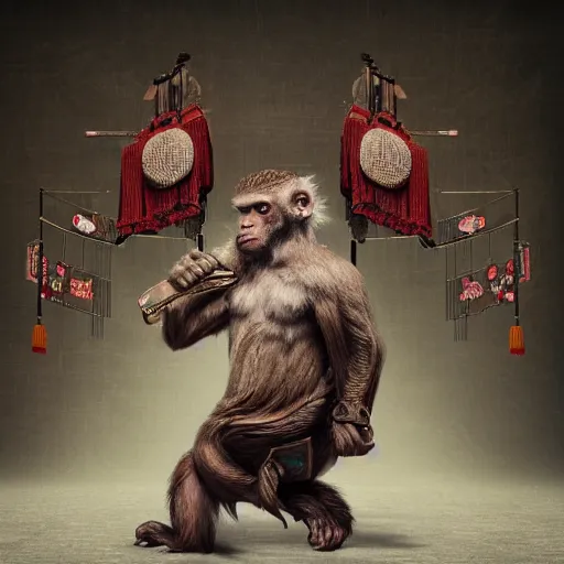 Image similar to The Chinese Zodiac sign of monkey warrior, traditional Chinese textures, hyper detail, Unreal engine,Octane render, by Brooke Shaden