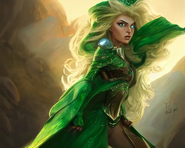 Image similar to A blonde emerald warrior, HD, illustration, epic, fantasy, intricate, elegant, amazing detail, digital painting, artstation, concept art, smooth, sharp focus, illustration, art by Tony Sart