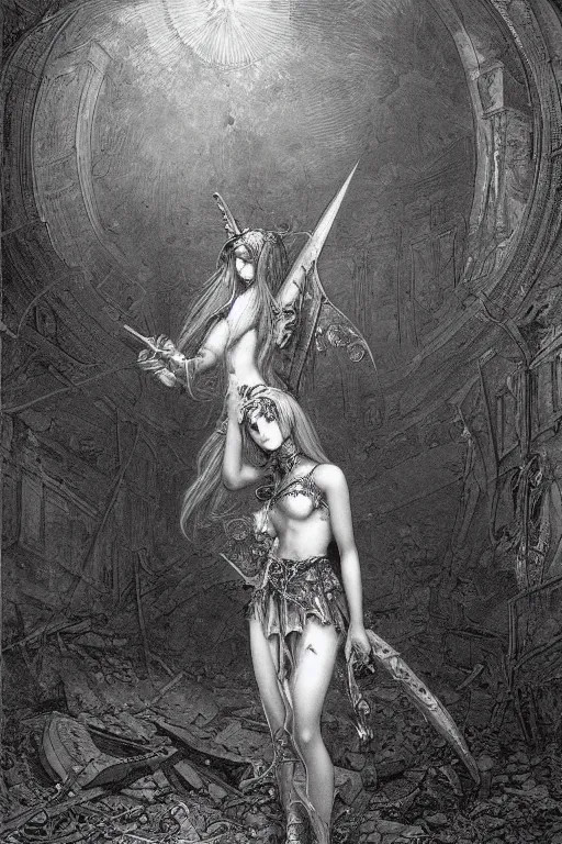 Image similar to hungarian slavic mughal anime cyber magical girl by gustave dore, full - body scifi character in abandoned workshop ruins environment