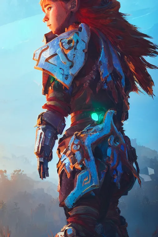 Image similar to combination suit armor aloy horizon forbidden west horizon zero dawn radiating a glowing aura global illumination ray tracing hdr fanart arstation by ian pesty and alena aenami artworks in 4 k tribal robot ninja mask helmet backpack