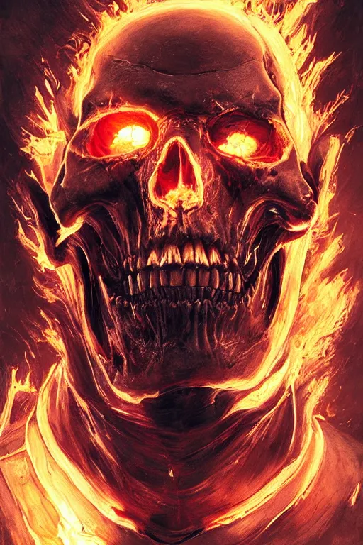 Prompt: Portrait of James Hetfield face transforming in Ghost Rider flaming skull, marvel comics, dark, intricate, highly detailed, smooth, artstation, digital illustration by Ruan Jia and Mandy Jurgens and Artgerm and Wayne Barlowe and Greg Rutkowski and Zdislav Beksinski