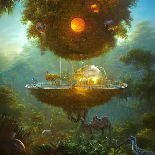 Prompt: a beautiful ultradetailed digital matte painting of a chrome sphere in the jungle with many animals gathered around it, at dusk, by Peter Mohrbacher and Thomas Kinkade and Stephan Martiniere, 8k, volumetric lighting