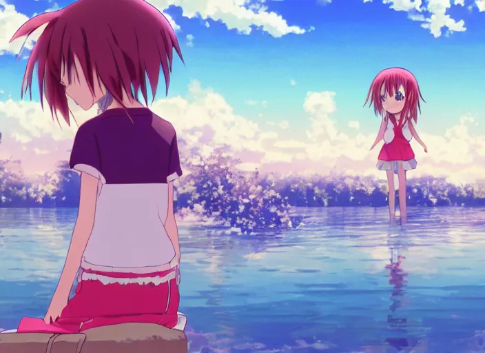 Image similar to anime screenshot pattern, anime family enjoying the scenery of a lake. original cute girl doing cute things / iyashike / slice life gainax 4 k ultrahd award winning