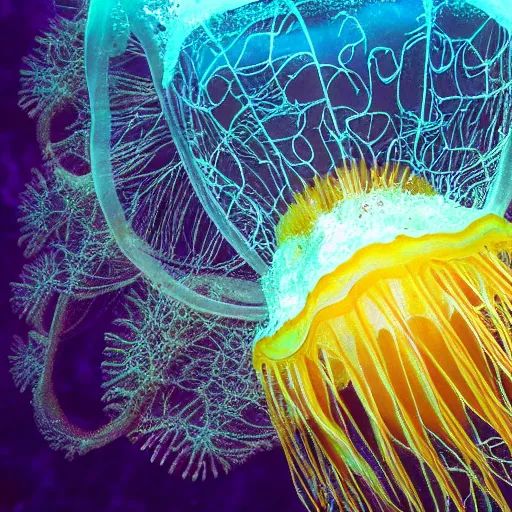 Image similar to underwater photograph of a jellyfish on shallow waters, strange, hyper detailed, fractal, mutant, tendrils, tentacles, glowing, tropical, crystal waters, reef