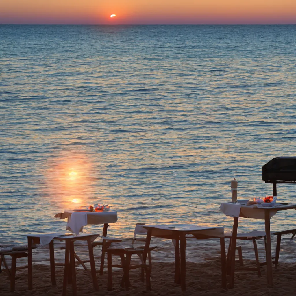 Image similar to professional photo of empty white dish in the middle over a table with a sunset on the beach in the background