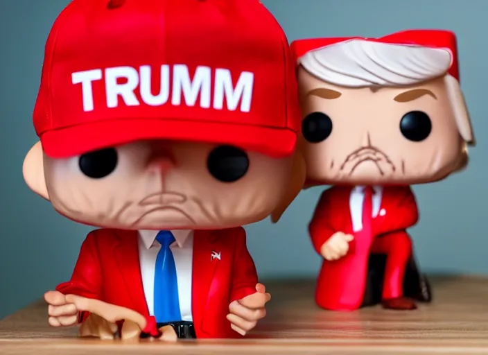 Image similar to !dream product still of Donald Trump wearing a red cap funko pop with box, 85mm f1.8