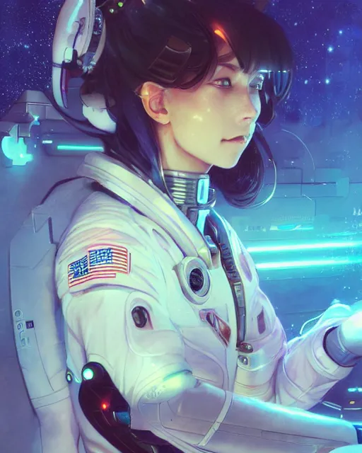 Image similar to anime visual of a female astronaut, neon, cyberpunk, futuristic, stunning, highly detailed, digital painting, artstation, smooth, soft focus, illustration, art by artgerm and greg rutkowski and alphonse mucha