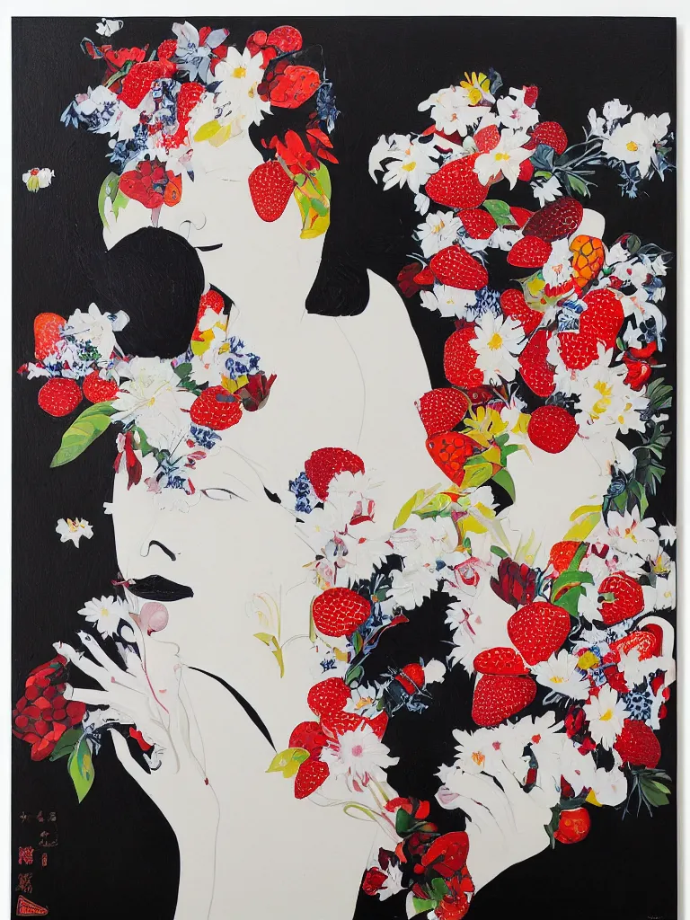 Image similar to “art in an Australian artist’s apartment, portrait of a woman wearing white cotton cloth, eating luscious fresh raspberries and strawberries and blueberries, Australian Aboriginal and Japanese stylistic influences, white wax, edible flowers, Japanese pottery, ikebana, black walls, acrylic and spray paint and oilstick on canvas”