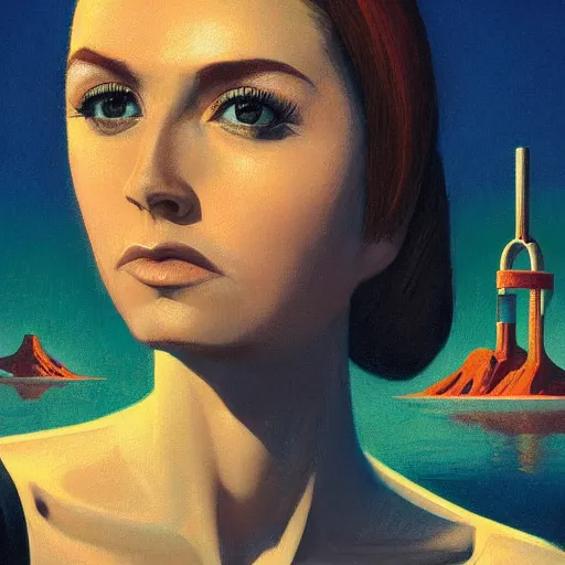 Image similar to detailed face of a woman, clockwork, moment, tectonic sky, skydome, bullet train, turbines, utopian, tech noir, wet reflections, prism, atmospheric, ambient, pj crook, syd mead, livia prima, greg rutkowski, edward hopper