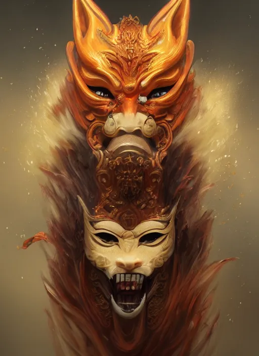 Image similar to a beautiful detailed oil on copper art illustration of a japanese oni kitsune mask devil woman, the mask is broken, centered, by charlie bowater, zeng fanzh, trending on artstation, dim dusk lighting, cinematic lighting, detailed lighting, volumetric lighting, realistic, f 8, 4 k hd wallpaper