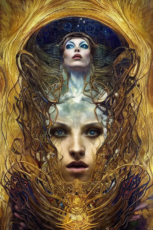 Image similar to Intermittent Chance of Chaos Muse by Karol Bak, Jean Deville, Gustav Klimt, and Vincent Van Gogh, beautiful Surreality portrait, enigma, Loki's Pet Project, destiny, Poe's Angel, fate, inspiration, muse, otherworldly, fractal structures, arcane, ornate gilded medieval icon, third eye, spirals