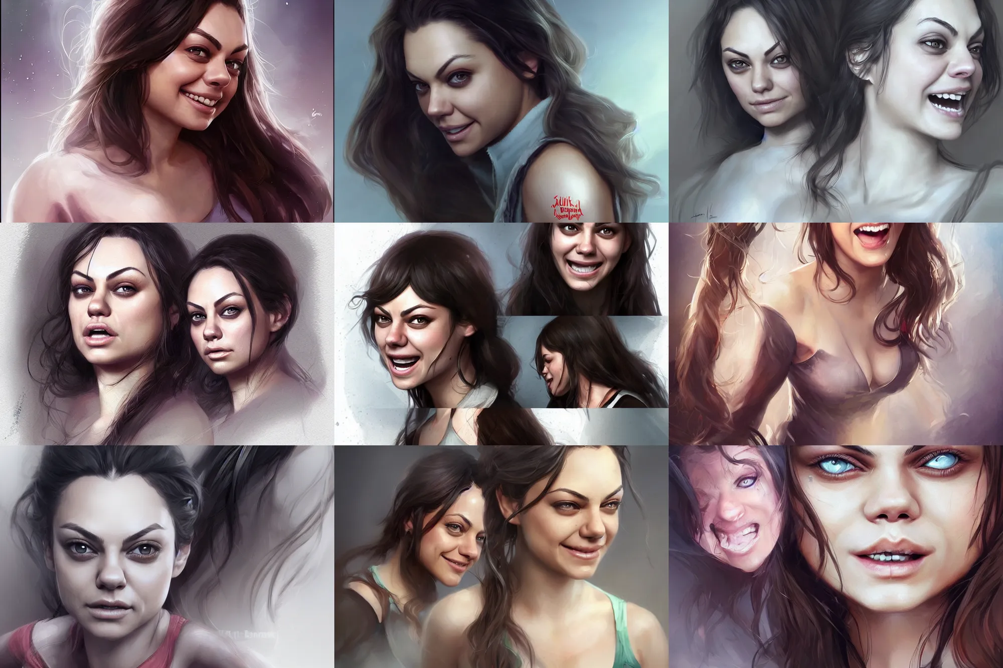 Prompt: Mila Kunis laughing hysterically, concept art by charlie bowater, highly detailed, ultra detailed, ultra realistic, trending on artstation