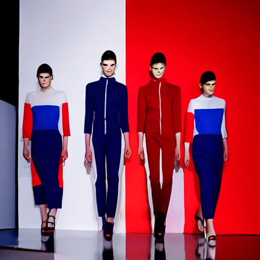 Prompt: fashion by Hugo Boss incorporating red white and blue, brutalist fashion show, studio lighting