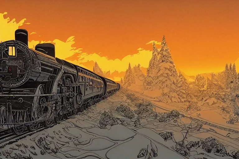 Image similar to trans - siberian express train ultrafine drawing by joe fenton and syd mead and p. craig russell and barry windsor - smith, artstation, 4 k, graphic novel, concept art, matte painting, beautiful russian winter landscape sunset background, golden hour, art nouveau, sharp