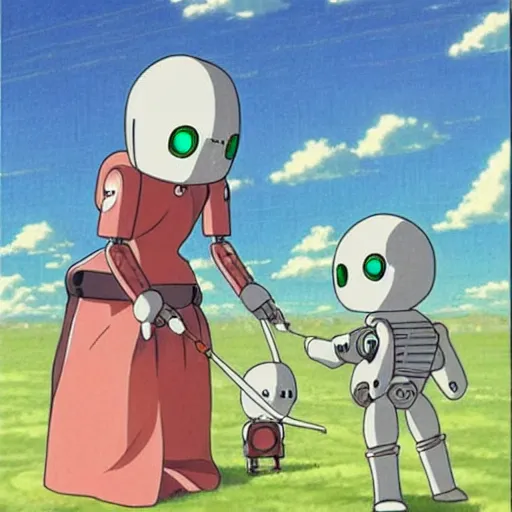 Prompt: very cute, small robot, friendly eyes, anime art by Hayao Miyazaki.